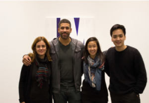 Mercedes Taylor, Chloe So ‘15 and Shaun Wang ‘15 meet with K.O.S member and “The Fire This Time” curator Angel Abreu.